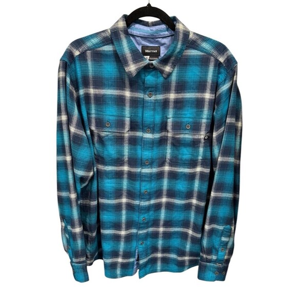 Marmot Men’s Blue Plaid Button Down Flannel Shirt Size Large‎ Hiking Outdoor - Picture 1 of 7